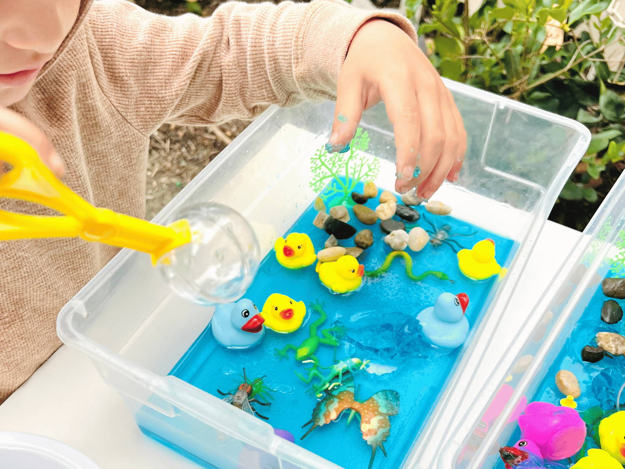 Taste Safe Sensory Bin Idea for Toddlers: Pond Theme
