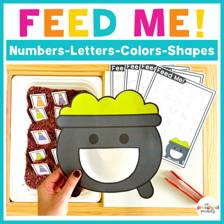 Halloween Cauldron Feed Me Letters, Numbers, Shapes, and Colors PreK Centers