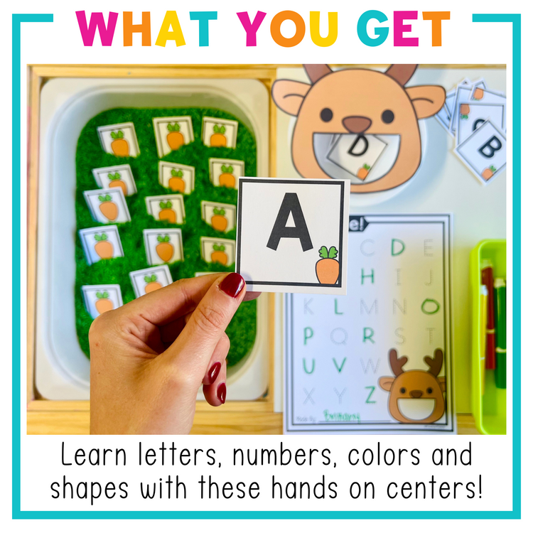 Christmas Reindeer Feed Me Letters, Numbers, Shapes, and Colors PreK Centers