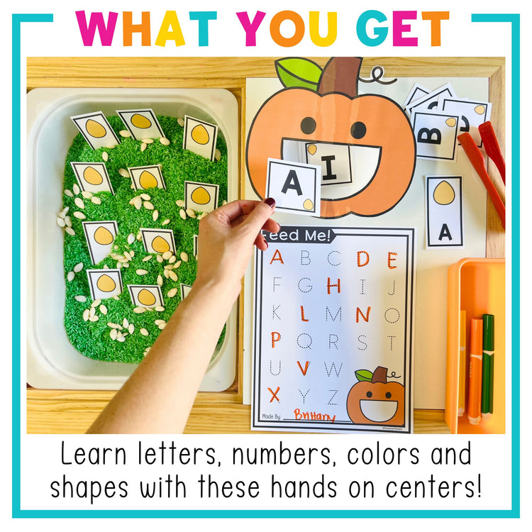 Pumpkin Feed Me Letters, Numbers, Shapes, and Colors Fall Centers for Preschool