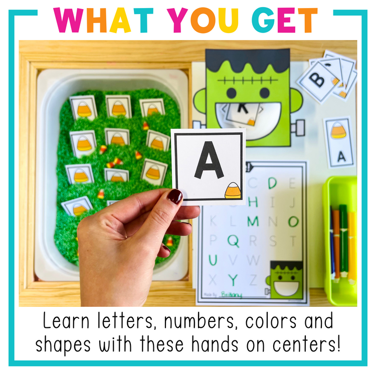 Halloween Frankenstein Feed Me Letters, Numbers, Shapes, and Colors PreK Centers