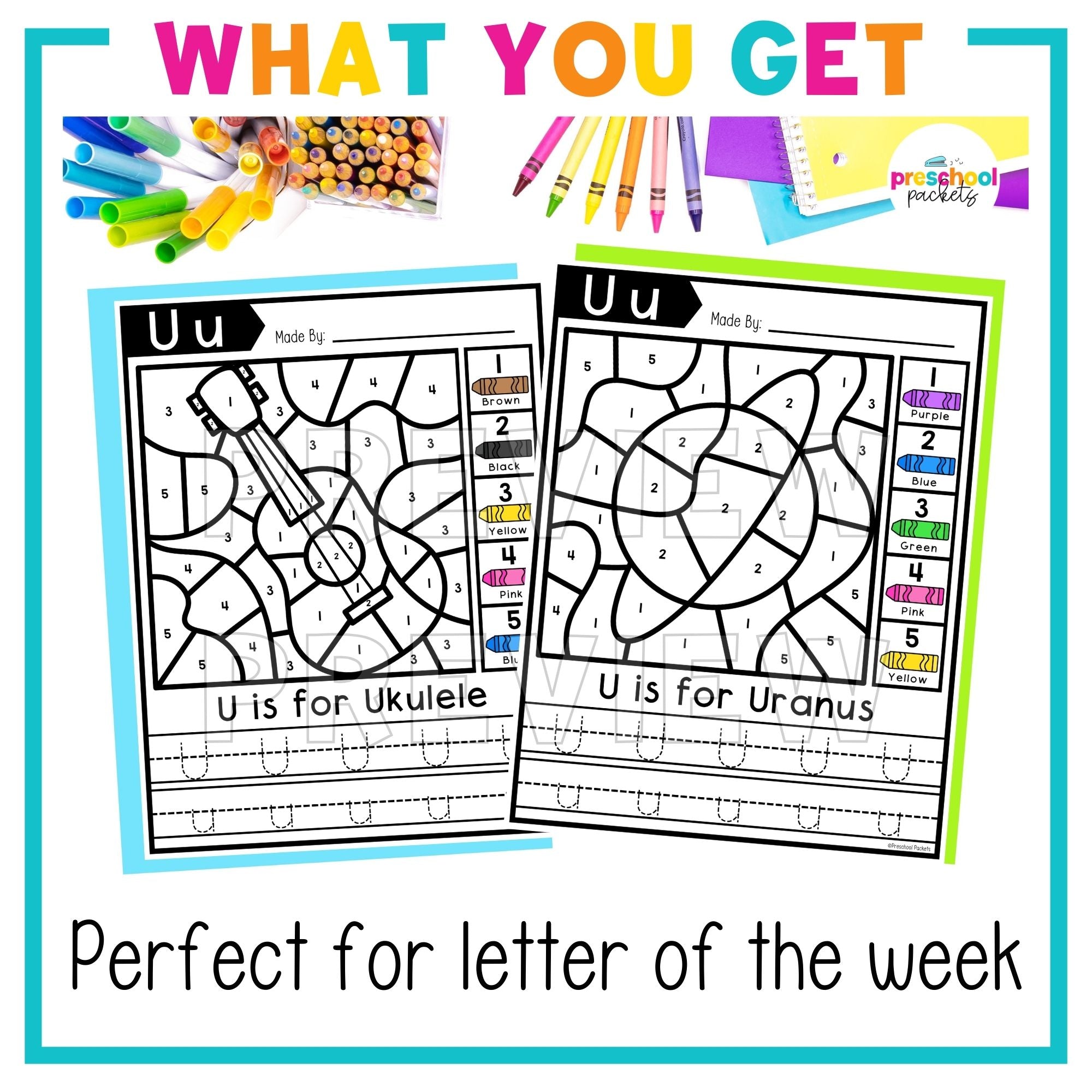 Color Letter U By Code Alphabet Color By Code for Preschool - Letter U – Preschool Packets