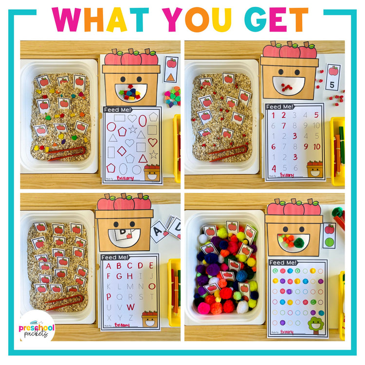 Apple Basket Feed Me Letters, Numbers, Shapes, and Colors centers for Preschool